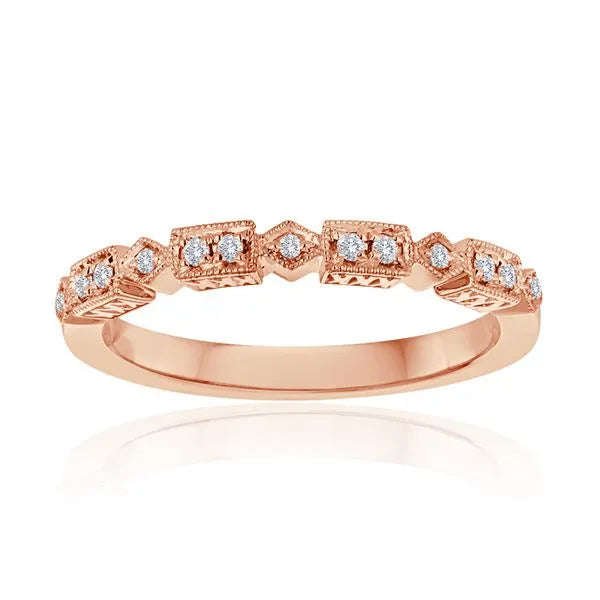 This gold 14K Rose' Gold rose wedding band features a pavé style with a pavé setting. The design is accented with diamonds totaling about 0.008 carats.