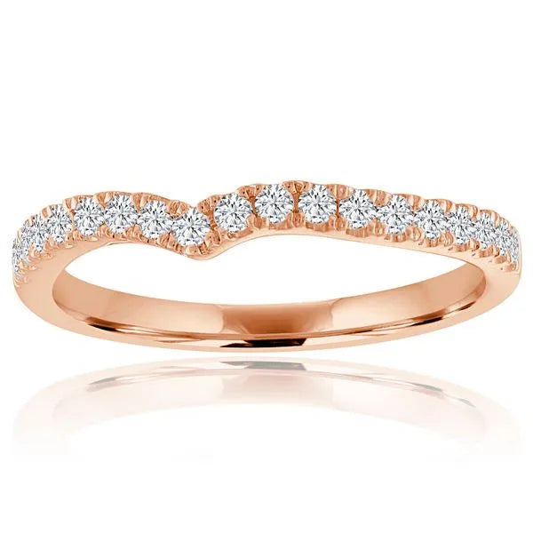This gold 14K Rose' Gold rose wedding band features a comfort fit style with a comfort fit setting. The design is accented with diamonds totaling about 0.25 carats.