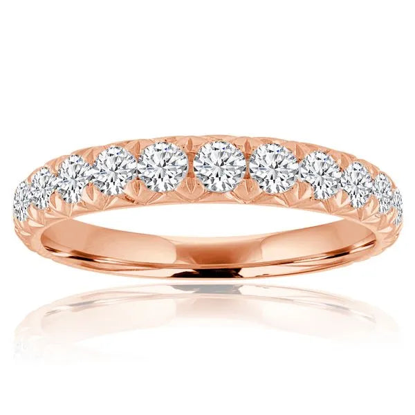 This gold 14K Rose' Gold rose wedding band features a wedding band style with a wedding band setting. The design is accented with diamonds totaling about 0.8 carats.