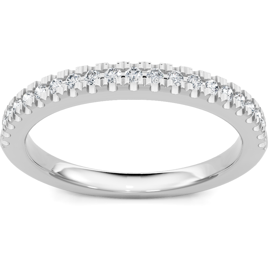 This gold 14K White Gold rose wedding band features a pavé style with a pavé setting. The design is accented with diamonds totaling about 0.2 carats.