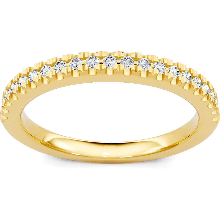 This gold 14K Yellow Gold rose wedding band features a pavé style with a pavé setting. The design is accented with diamonds totaling about 0.2 carats.