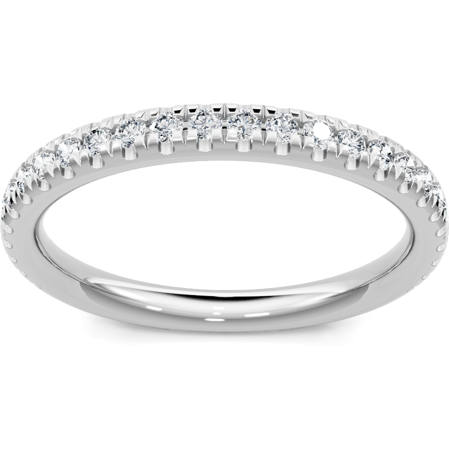 This gold 14K White Gold rose wedding band features a comfort fit style with a comfort fit setting. The design is accented with diamonds totaling about 0.5 carats.