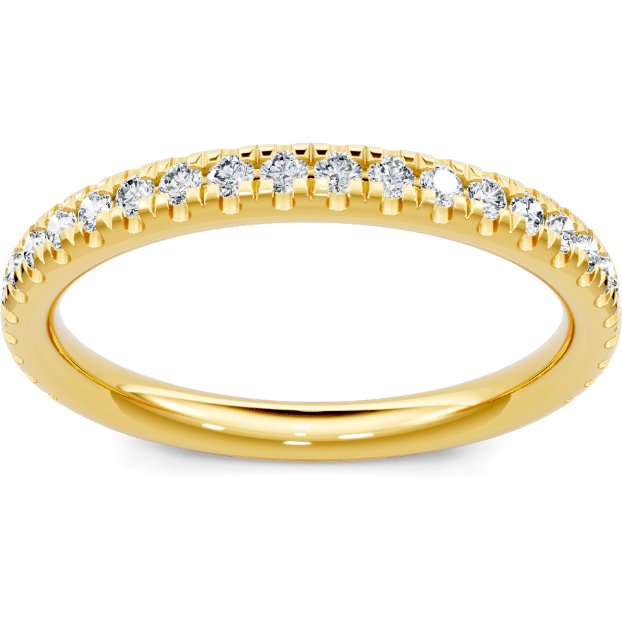 This gold 14K Yellow Gold rose wedding band features a comfort fit style with a comfort fit setting. The design is accented with diamonds totaling about 0.5 carats.