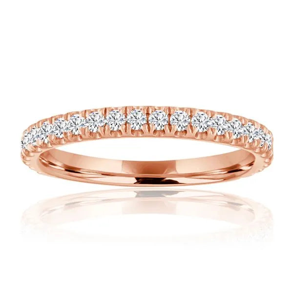 This gold 14K Rose' Gold rose wedding band features a comfort fit style with a comfort fit setting. The design is accented with diamonds totaling about 0.5 carats.