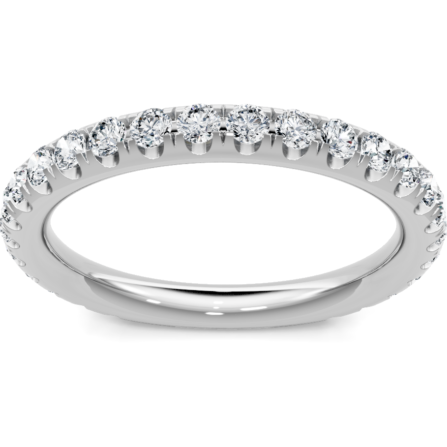 This gold 14K White Gold rose wedding band features a pavé style with a pavé setting. The design is accented with diamonds totaling about 0.5 carats.