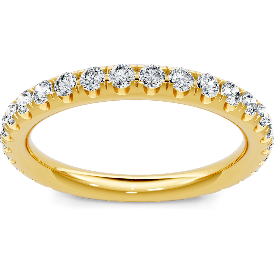 This gold 14K Yellow Gold rose wedding band features a pavé style with a pavé setting. The design is accented with diamonds totaling about 0.5 carats.