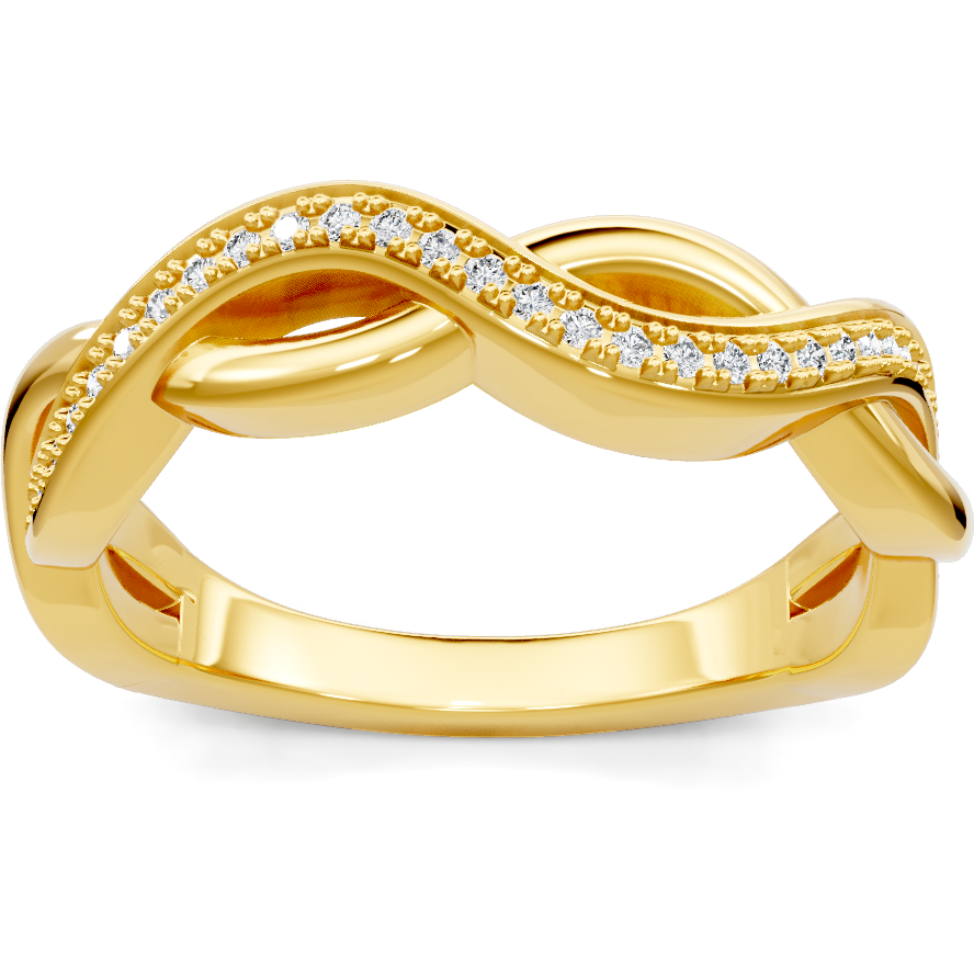 This gold 14K Yellow Gold rose wedding band features a comfort fit style with a comfort fit setting. The design is accented with diamonds totaling about 0.17 carats.