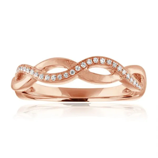 This gold 14K Rose' Gold rose wedding band features a comfort fit style with a comfort fit setting. The design is accented with diamonds totaling about 0.17 carats.