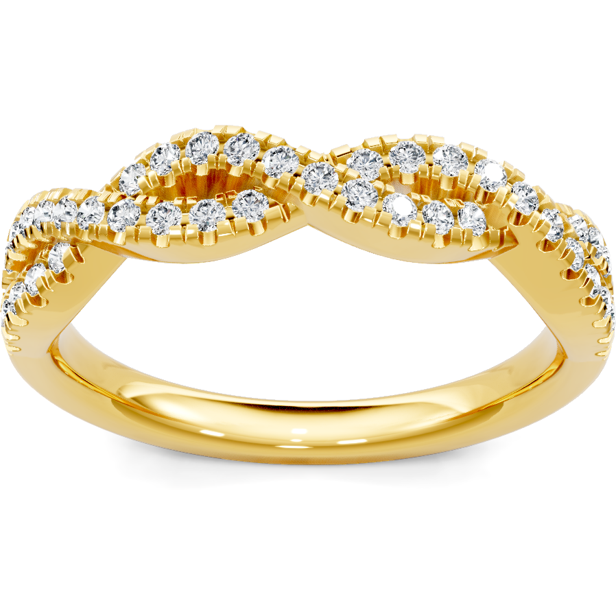 This gold 14K Yellow Gold rose wedding band features a twisted style with a twisted setting. The design is accented with diamonds totaling about 0.33 carats.