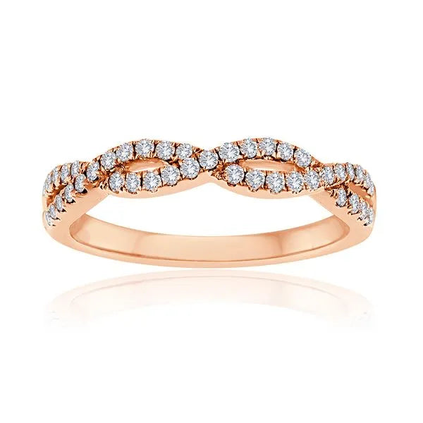 This gold 14K Rose' Gold rose wedding band features a twisted style with a twisted setting. The design is accented with diamonds totaling about 0.33 carats.