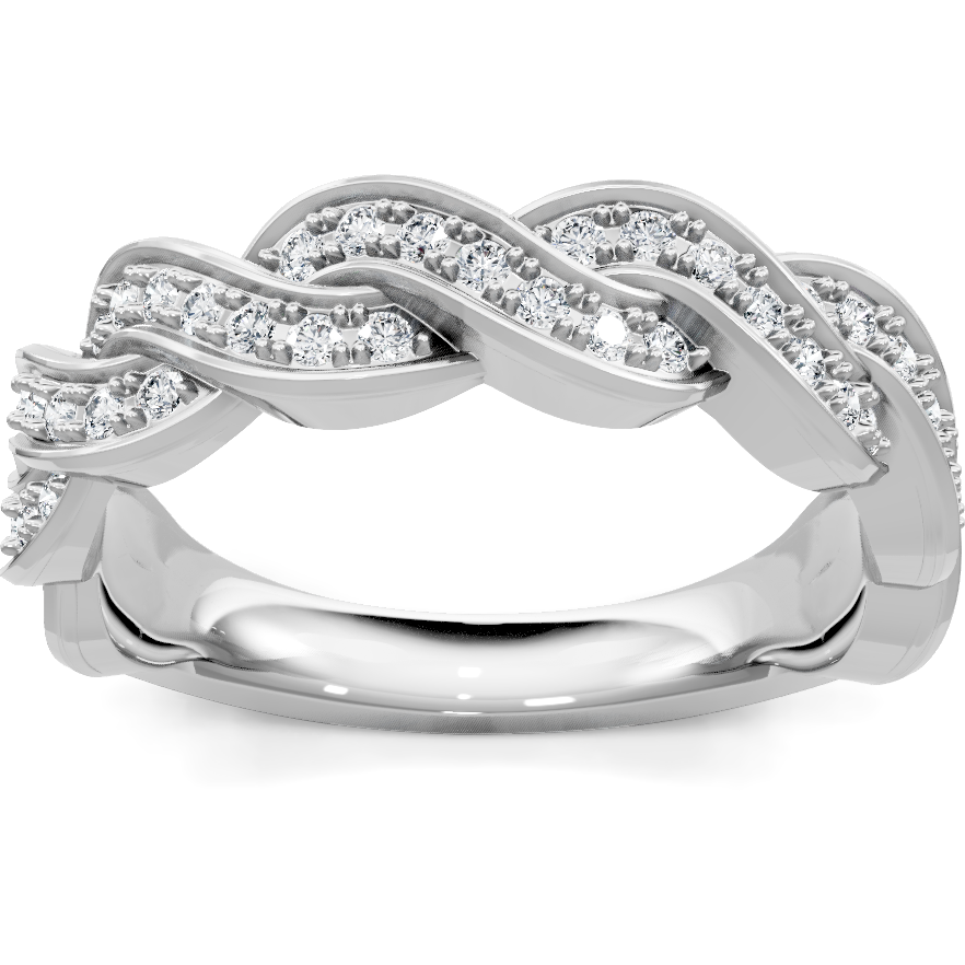 This gold 14K White Gold rose wedding band features a twisted style with a twisted setting. The design is accented with diamonds totaling about 0.006 carats.