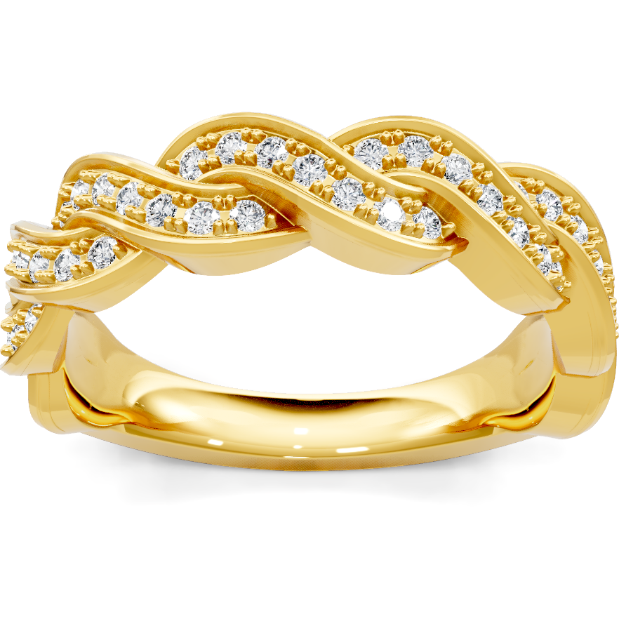 This gold 14K Yellow Gold rose wedding band features a twisted style with a twisted setting. The design is accented with diamonds totaling about 0.006 carats.