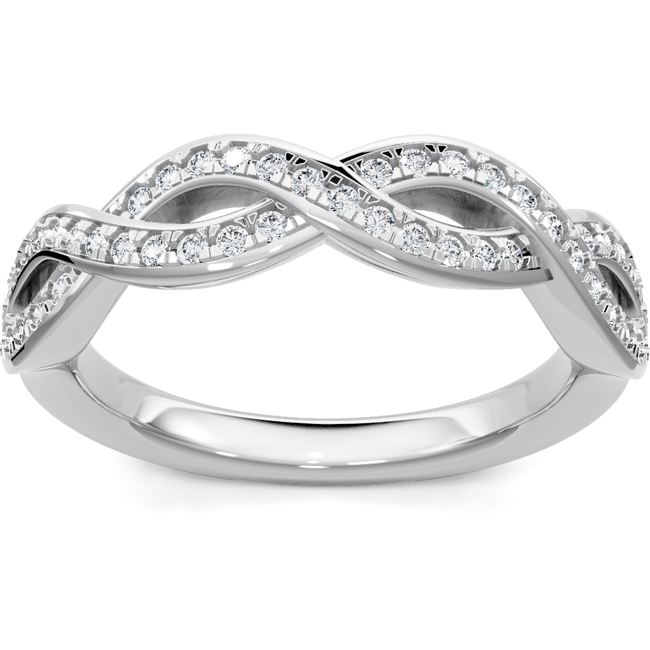 This gold 14K White Gold rose wedding band features a twisted style with a twisted setting. The design is accented with diamonds totaling about 0.005 carats.