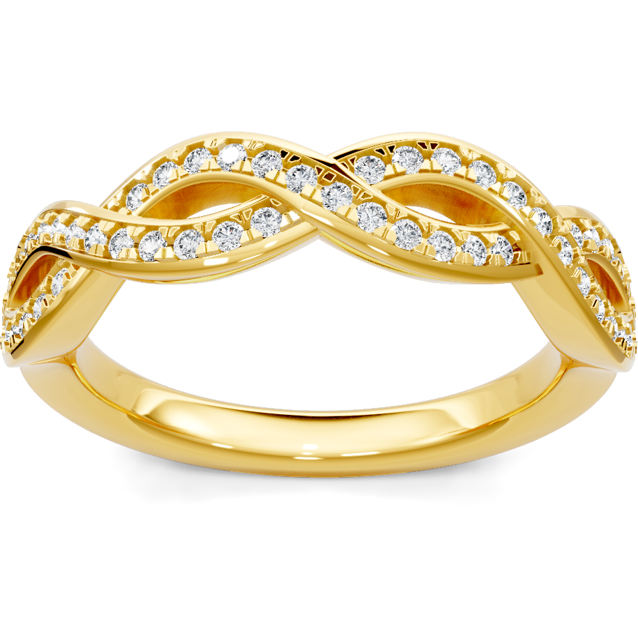 This gold 14K Yellow Gold rose wedding band features a twisted style with a twisted setting. The design is accented with diamonds totaling about 0.005 carats.