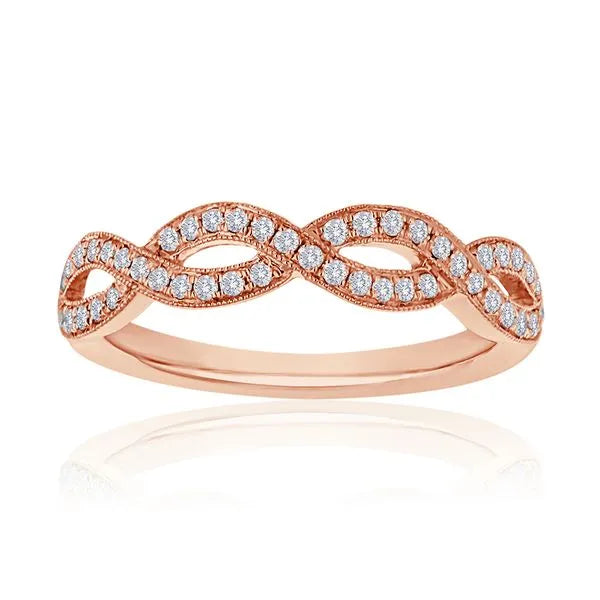 This gold 14K Rose' Gold rose wedding band features a twisted style with a twisted setting. The design is accented with diamonds totaling about 0.005 carats.