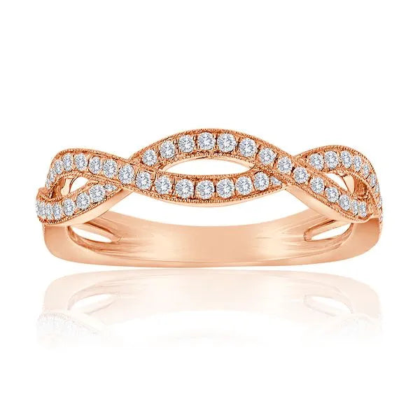 This gold 14K Rose' Gold rose wedding band features a comfort fit style with a comfort fit setting. The design is accented with diamonds totaling about 0.006 carats.