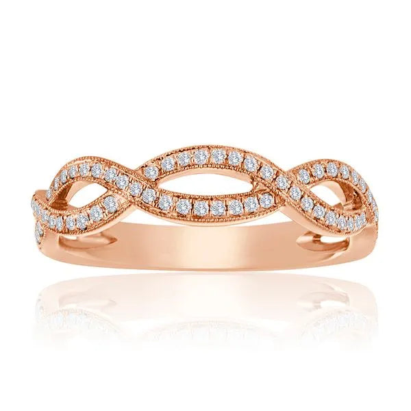 This gold 14K Rose' Gold rose wedding band features a comfort fit style with a comfort fit setting. The design is accented with diamonds totaling about 0.003 carats.