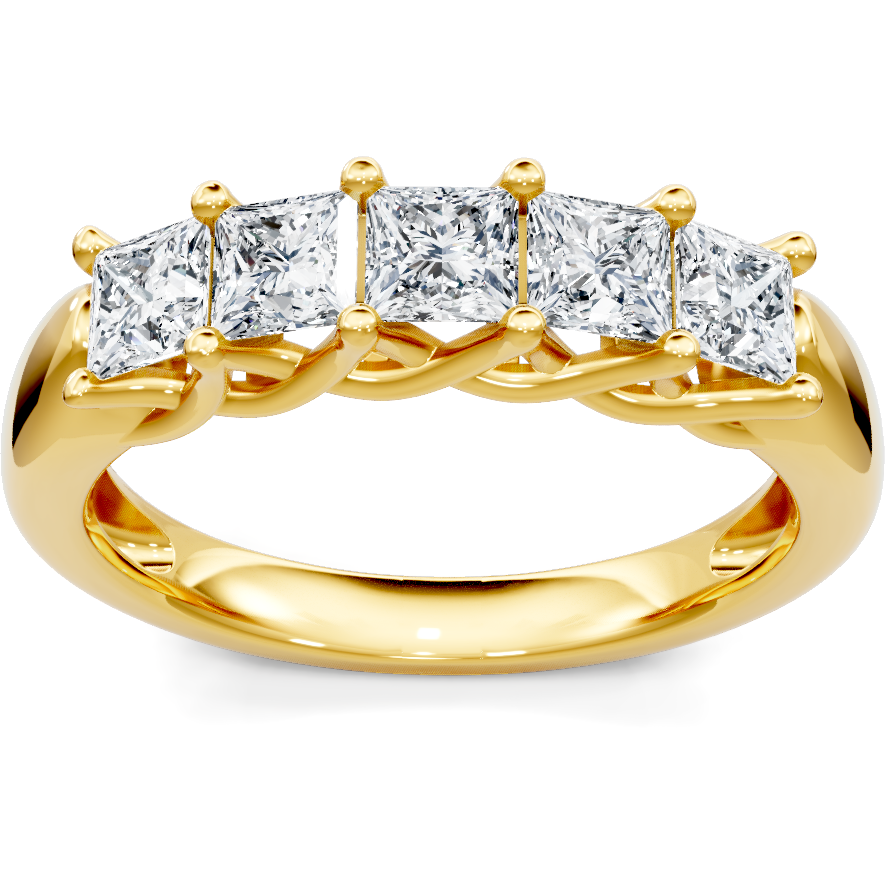 This gold 14K Yellow Gold rose wedding band features a twisted style with a twisted setting. The design is accented with diamonds totaling about 0.25 carats.