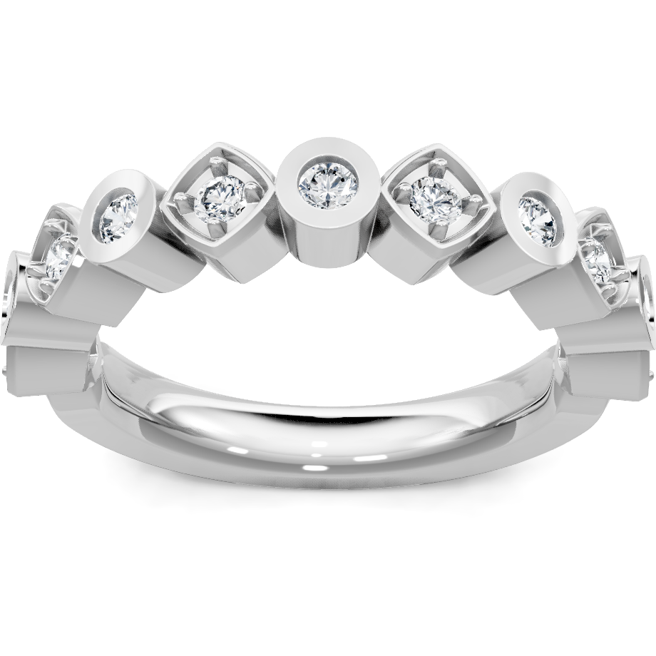 This gold 14K White Gold rose wedding band features a comfort fit style with a comfort fit setting. The design is accented with diamonds totaling about 0.25 carats.