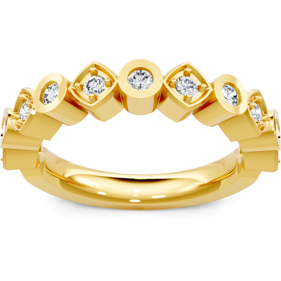 This gold 14K Yellow Gold rose wedding band features a comfort fit style with a comfort fit setting. The design is accented with diamonds totaling about 0.25 carats.