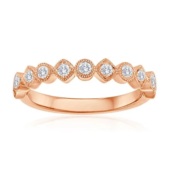 This gold 14K Rose' Gold rose wedding band features a comfort fit style with a comfort fit setting. The design is accented with diamonds totaling about 0.25 carats.