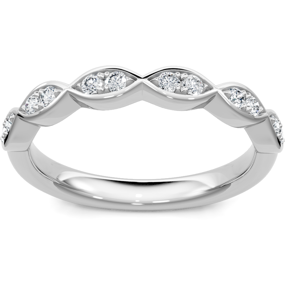 This gold 14K White Gold rose wedding band features a pavé style with a pavé setting. The design is accented with diamonds totaling about 0.17 carats.