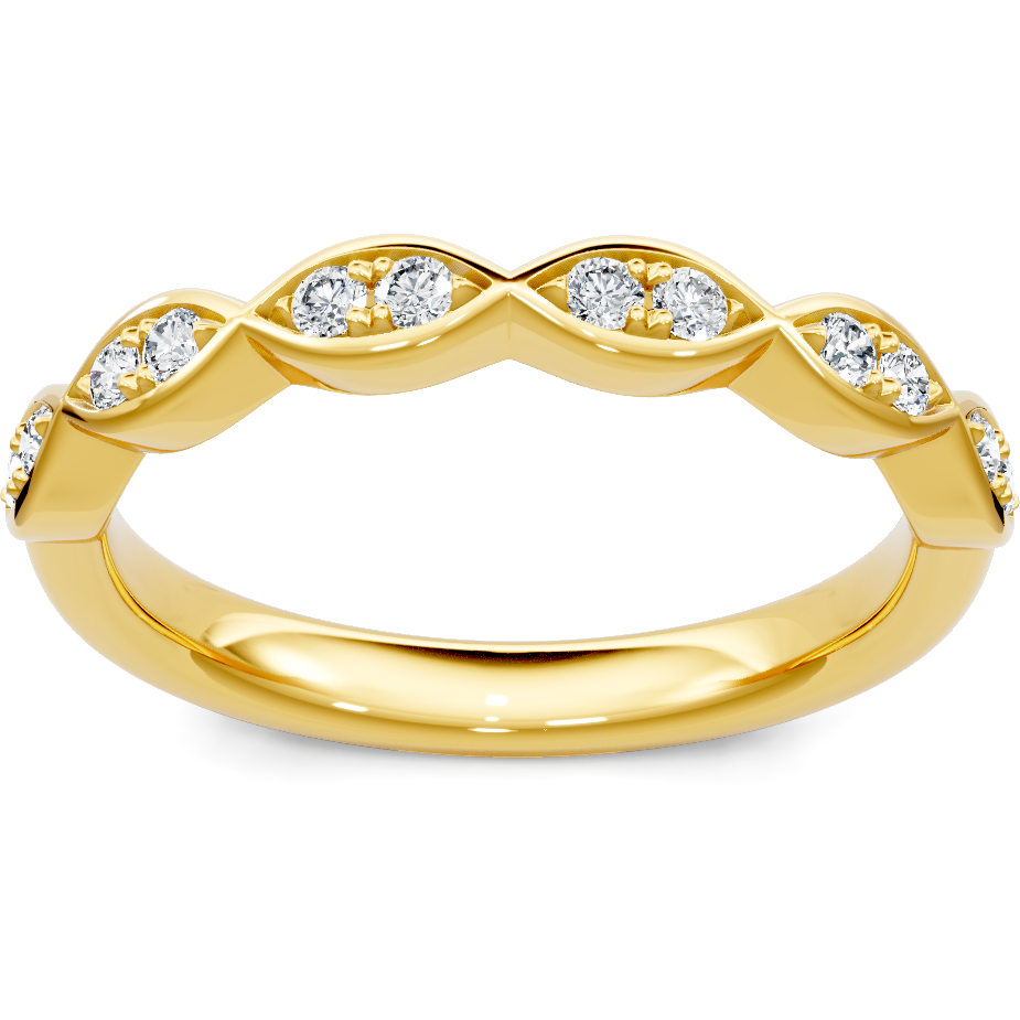 This gold 14K Yellow Gold rose wedding band features a pavé style with a pavé setting. The design is accented with diamonds totaling about 0.17 carats.