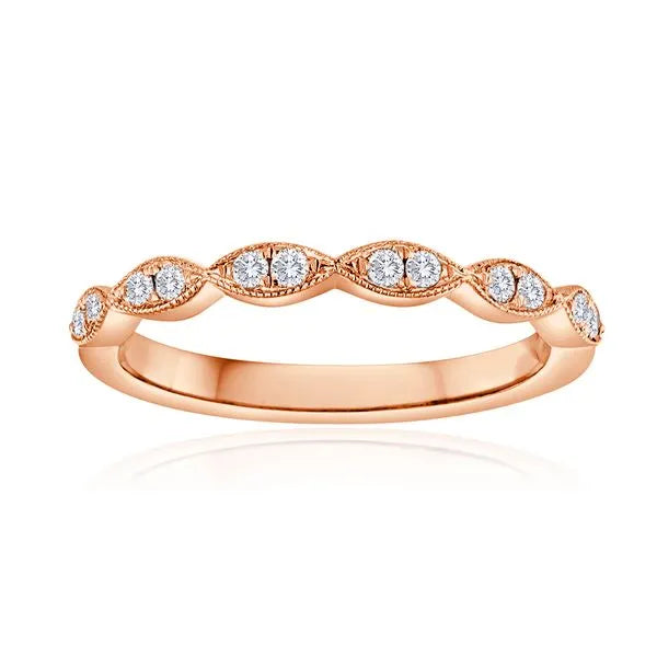This gold 14K Rose' Gold rose wedding band features a pavé style with a pavé setting. The design is accented with diamonds totaling about 0.17 carats.