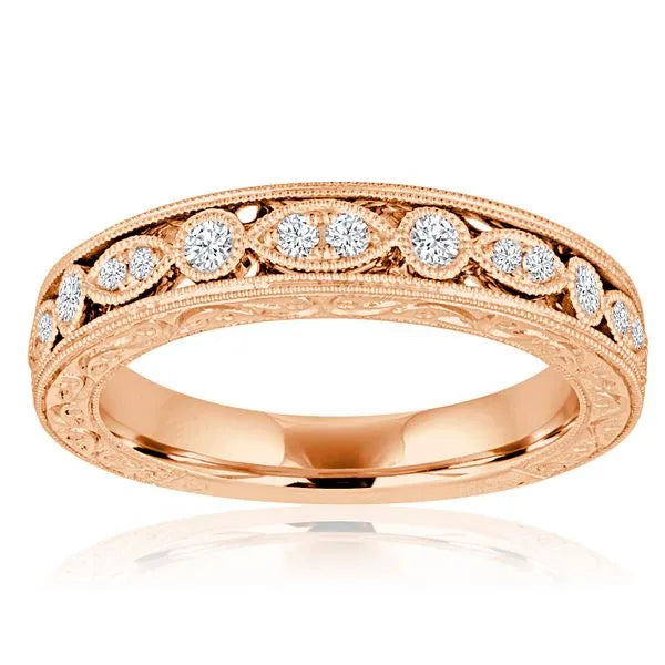This gold 14K Rose' Gold rose wedding band features a pavé style with a pavé setting. The design is accented with diamonds totaling about 0.17 carats.