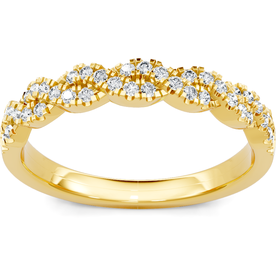 This gold 14K Yellow Gold rose wedding band features a wedding band style with a wedding band setting. The design is accented with diamonds totaling about 0.006 carats.