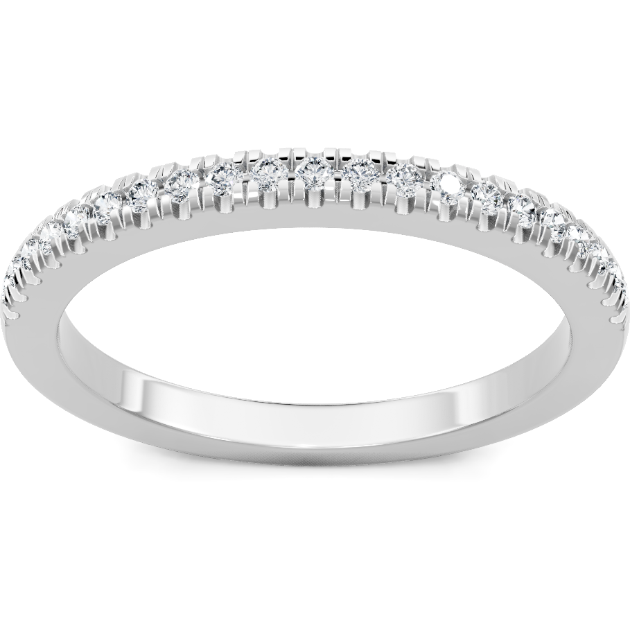 This gold 14K White Gold rose wedding band features a pavé style with a pavé setting. The design is accented with diamonds totaling about 0.005 carats.