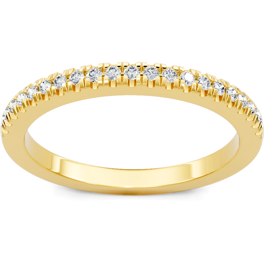 This gold 14K Yellow Gold rose wedding band features a pavé style with a pavé setting. The design is accented with diamonds totaling about 0.005 carats.