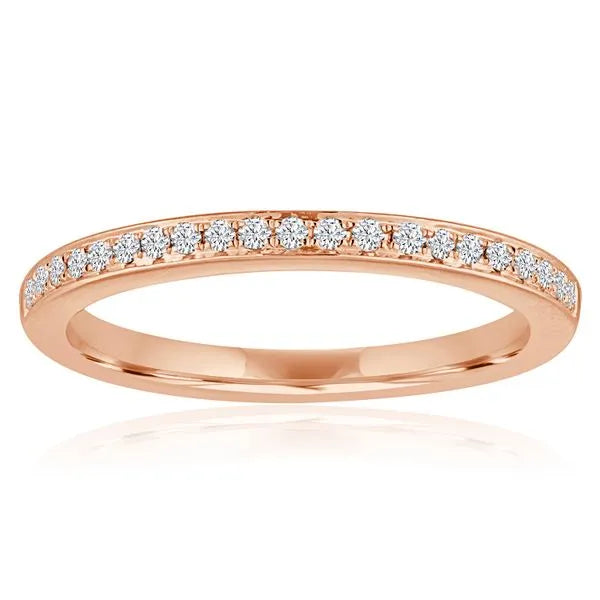 This gold 14K Rose' Gold rose wedding band features a pavé style with a pavé setting. The design is accented with diamonds totaling about 0.005 carats.