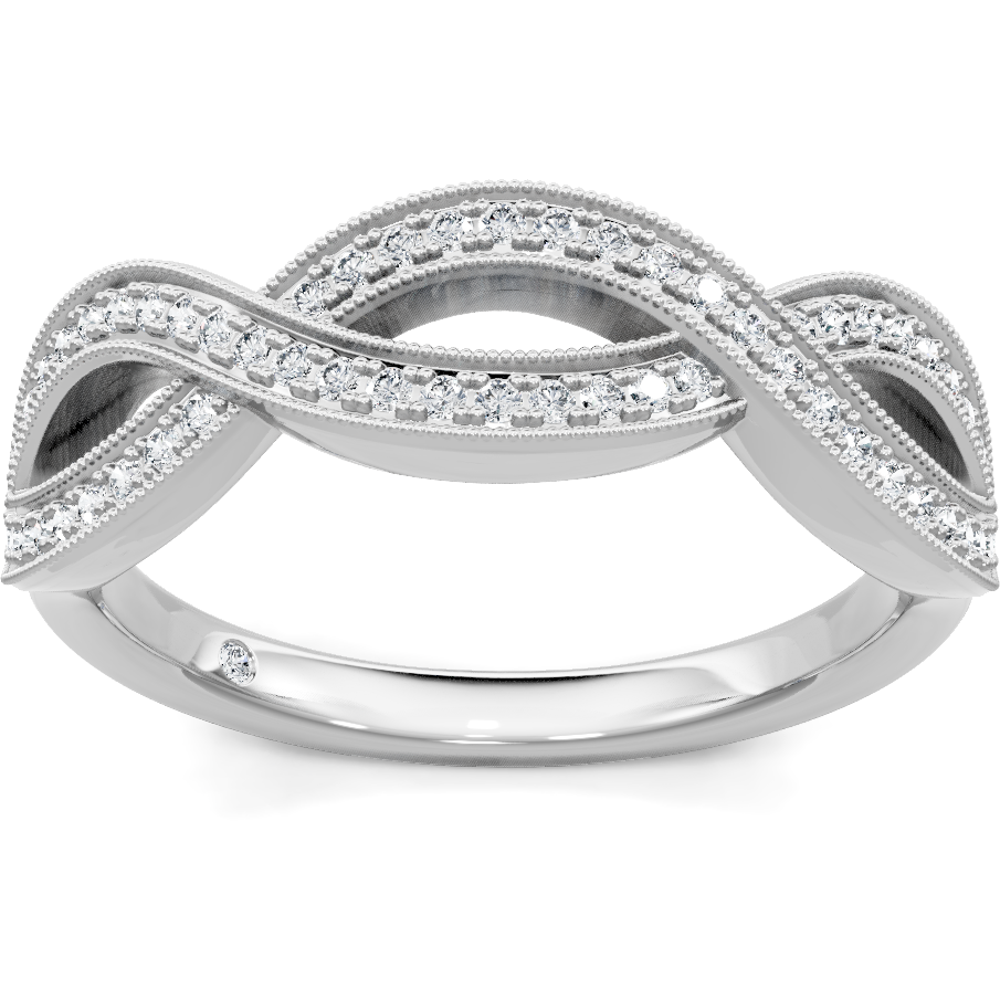This gold 14K White Gold rose wedding band features a comfort fit style with a comfort fit setting. The design is accented with diamonds totaling about 0.003 carats.