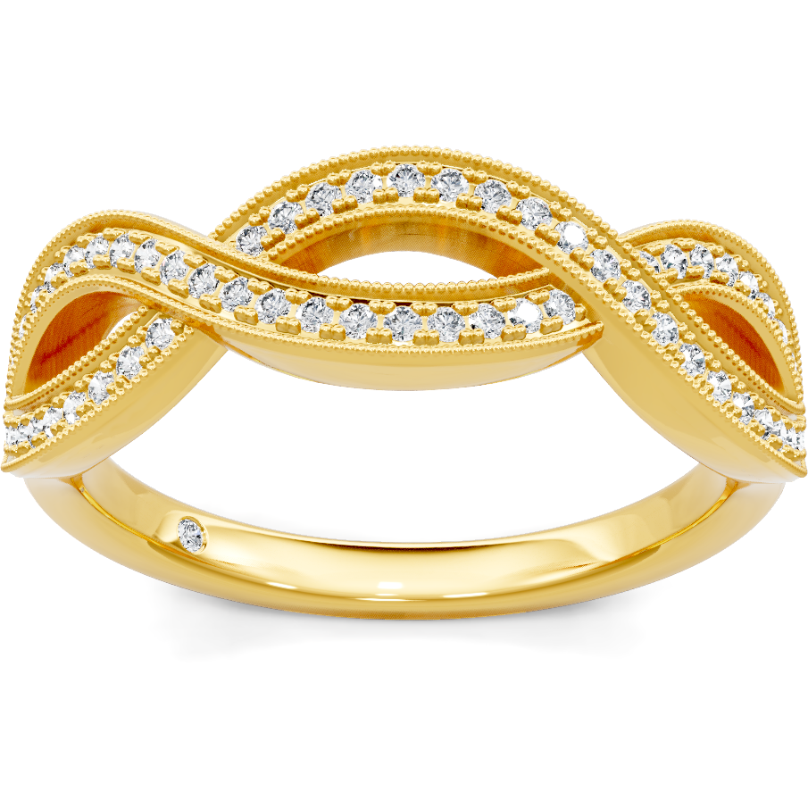 This gold 14K Yellow Gold rose wedding band features a comfort fit style with a comfort fit setting. The design is accented with diamonds totaling about 0.003 carats.