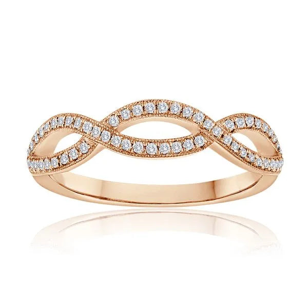 This gold 14K Rose' Gold rose wedding band features a comfort fit style with a comfort fit setting. The design is accented with diamonds totaling about 0.003 carats.