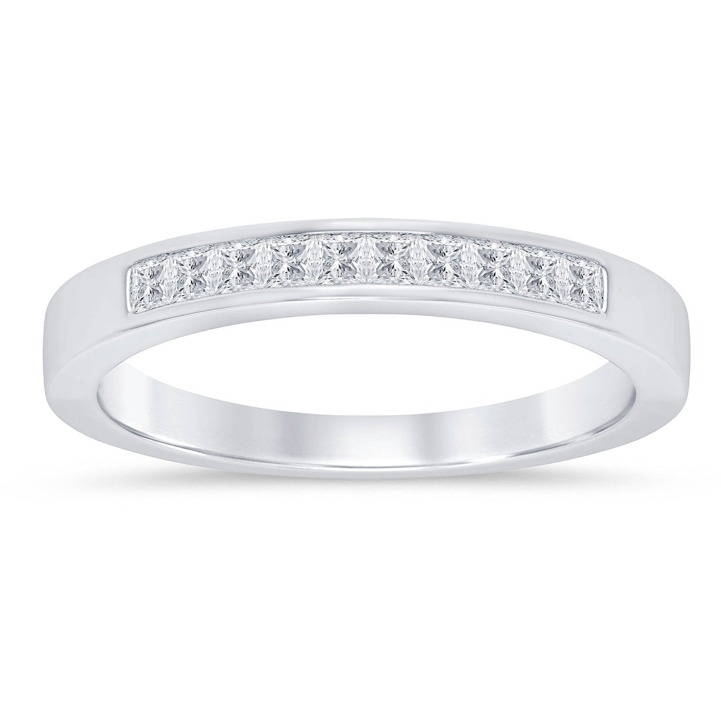 This gold 14K White Gold rose wedding band features a channel style with a channel setting. The design is accented with diamonds totaling about 0.075 carats.