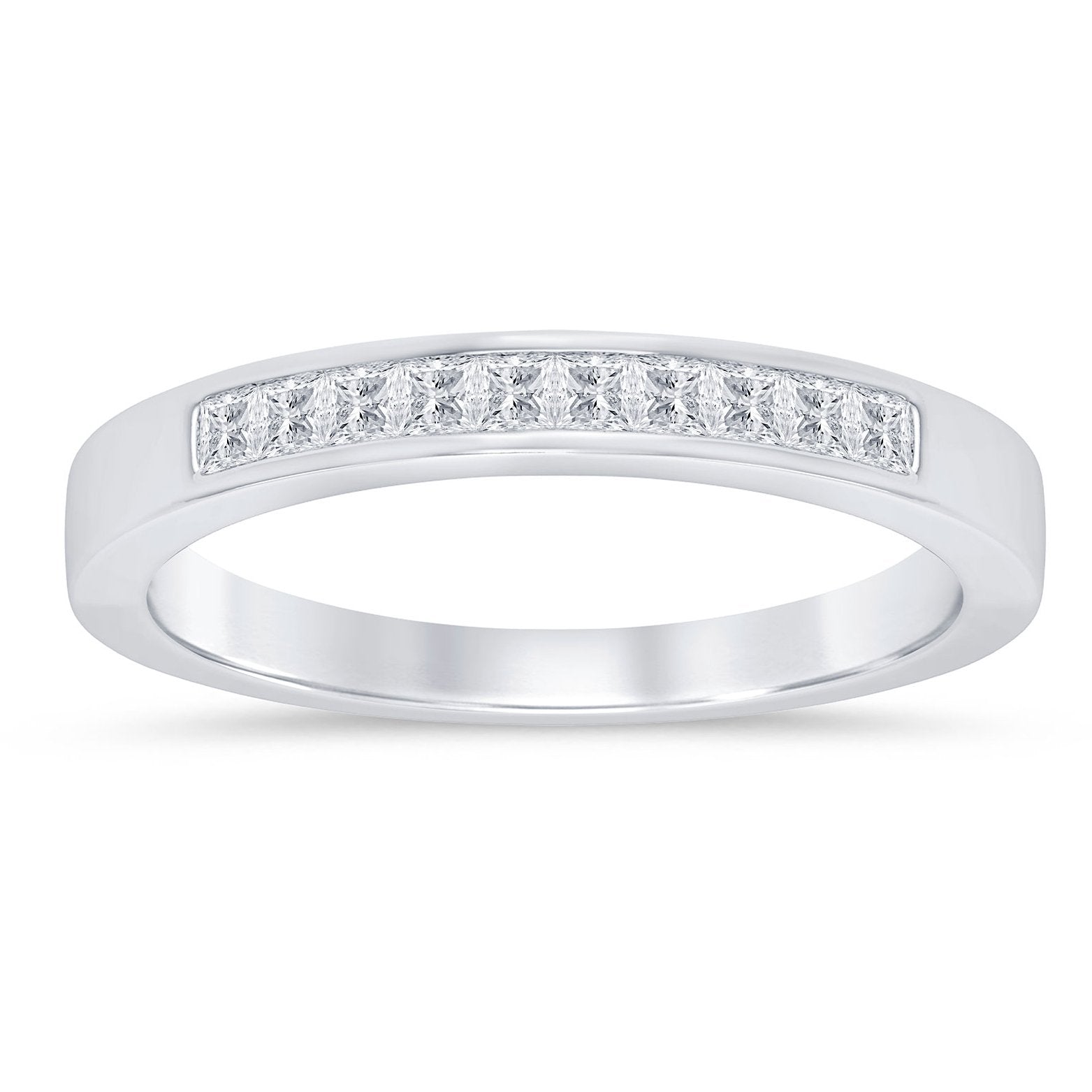This gold 14K White Gold rose wedding band features a channel style with a channel setting. The design is accented with diamonds totaling about 0.075 carats.
