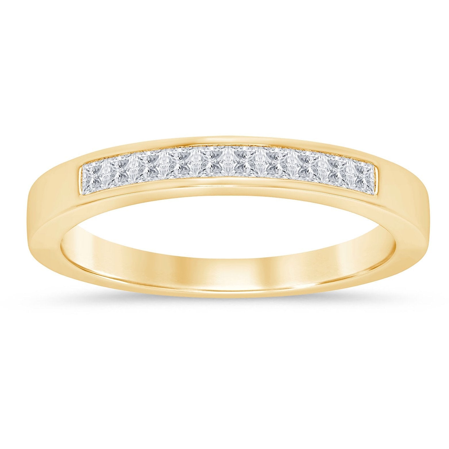 This gold 14K Yellow Gold rose wedding band features a channel style with a channel setting. The design is accented with diamonds totaling about 0.075 carats.