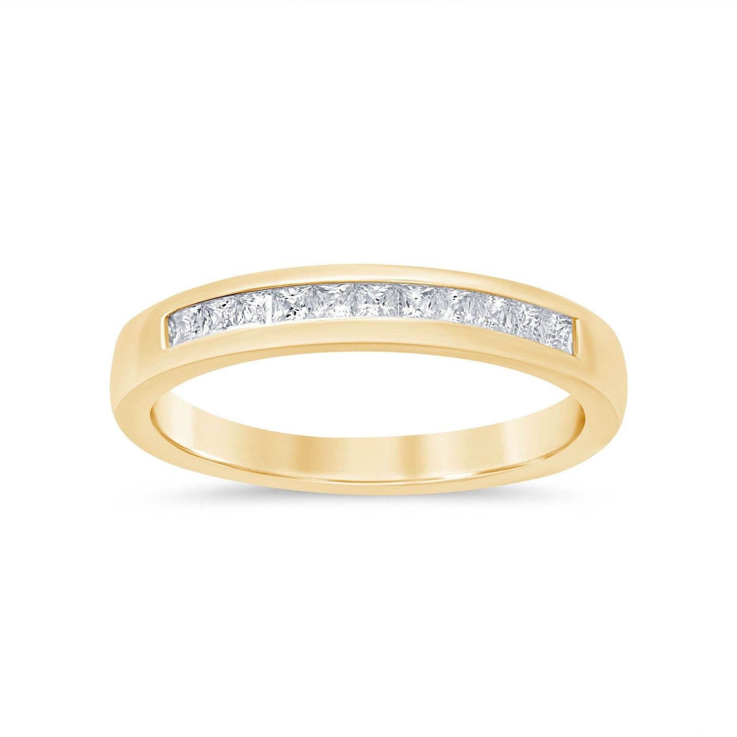 This gold 14K Yellow Gold rose wedding band features a channel style with a channel setting. The design is accented with diamonds totaling about 0.045 carats.