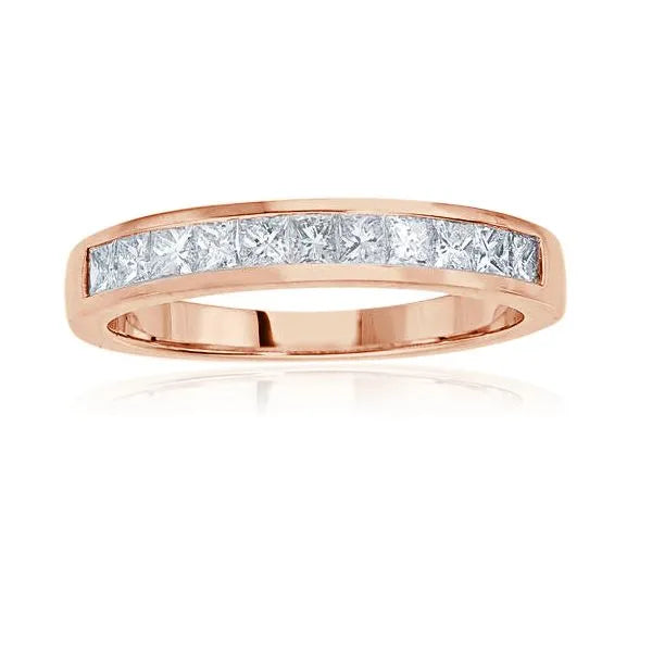 This gold 14K Rose' Gold rose wedding band features a channel style with a channel setting. The design is accented with diamonds totaling about 0.045 carats.