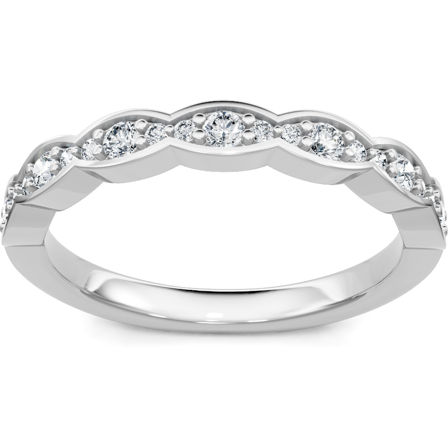 This gold 14K White Gold rose wedding band features a anniversary style with a anniversary setting. The design is accented with diamonds totaling about 0.1 carats.