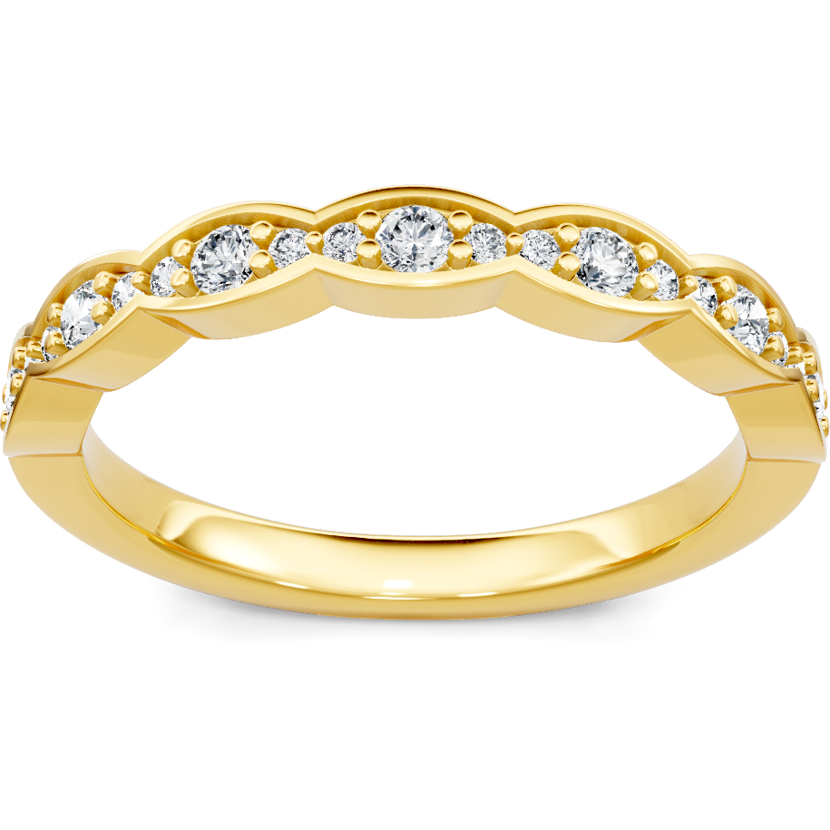 This gold 14K Yellow Gold rose wedding band features a anniversary style with a anniversary setting. The design is accented with diamonds totaling about 0.1 carats.