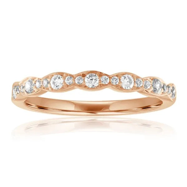 This gold 14K Rose' Gold rose wedding band features a anniversary style with a anniversary setting. The design is accented with diamonds totaling about 0.1 carats.