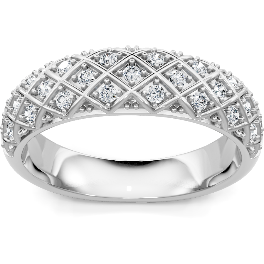 This gold 14K White Gold rose wedding band features a comfort fit style with a comfort fit setting. The design is accented with diamonds totaling about 0.013 carats.