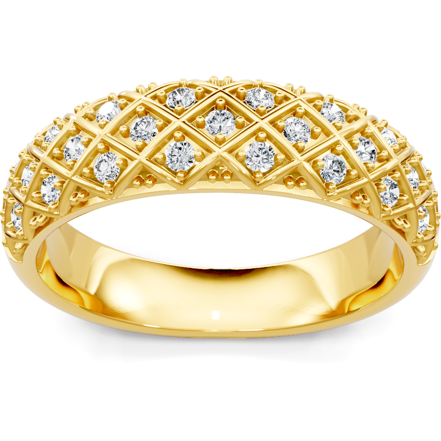This gold 14K Yellow Gold rose wedding band features a comfort fit style with a comfort fit setting. The design is accented with diamonds totaling about 0.013 carats.