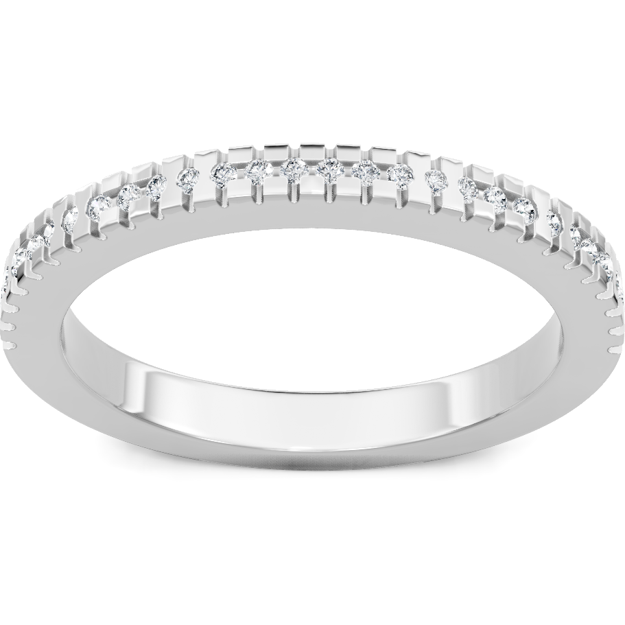 This gold 14K White Gold rose wedding band features a pavé style with a pavé setting. The design is accented with diamonds totaling about 0.004 carats.