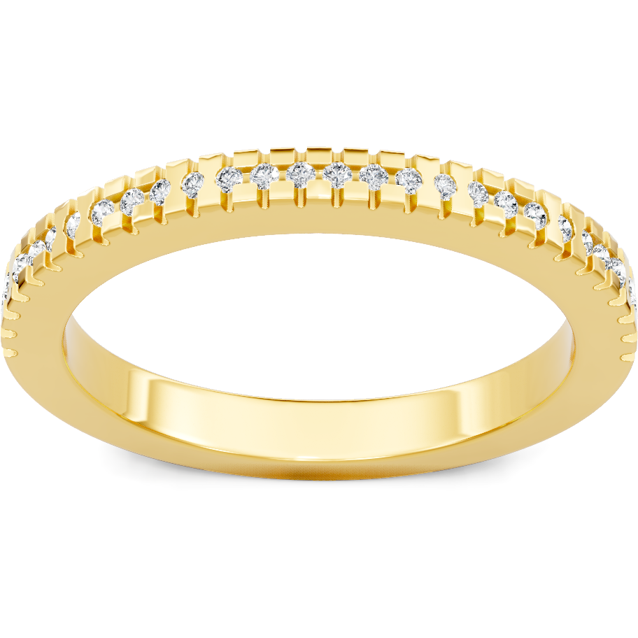 This gold 14K Yellow Gold rose wedding band features a pavé style with a pavé setting. The design is accented with diamonds totaling about 0.004 carats.