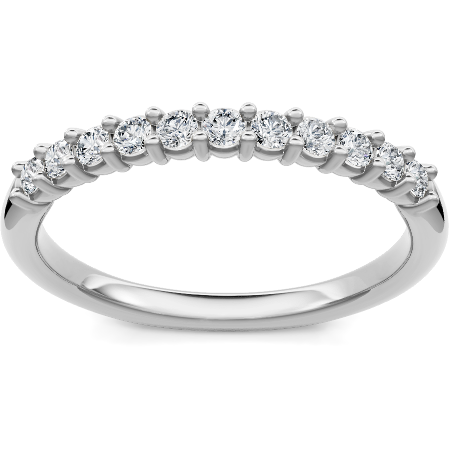 This gold 14K White Gold rose wedding band features a comfort fit style with a comfort fit setting. The design is accented with diamonds totaling about 0.045 carats.