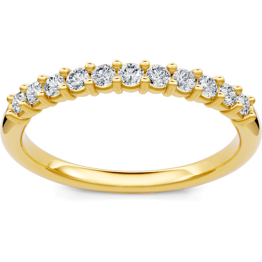 This gold 14K Yellow Gold rose wedding band features a comfort fit style with a comfort fit setting. The design is accented with diamonds totaling about 0.045 carats.